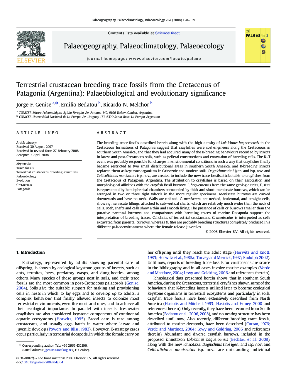 Terrestrial crustacean breeding trace fossils from the Cretaceous of Patagonia (Argentina): Palaeobiological and evolutionary significance