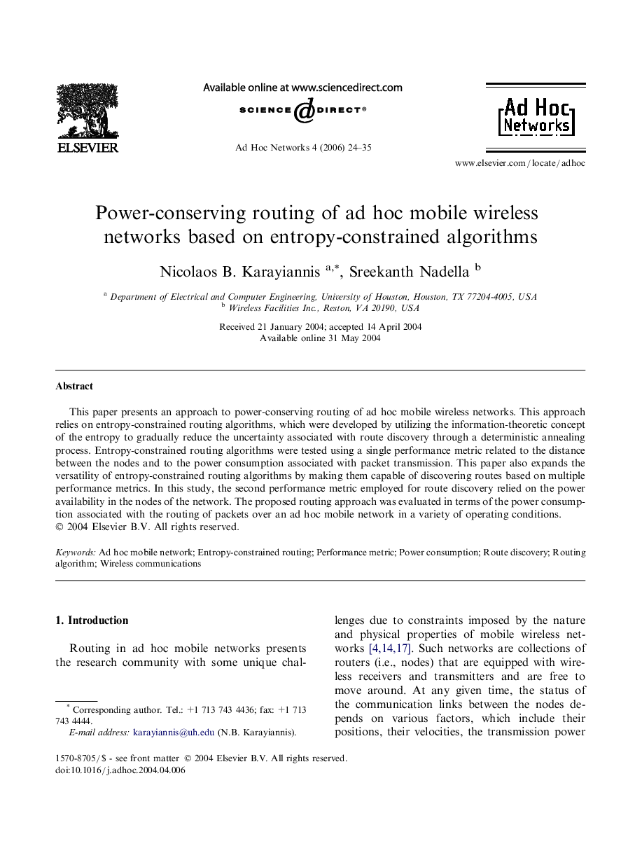 Power-conserving routing of ad hoc mobile wireless networks based on entropy-constrained algorithms