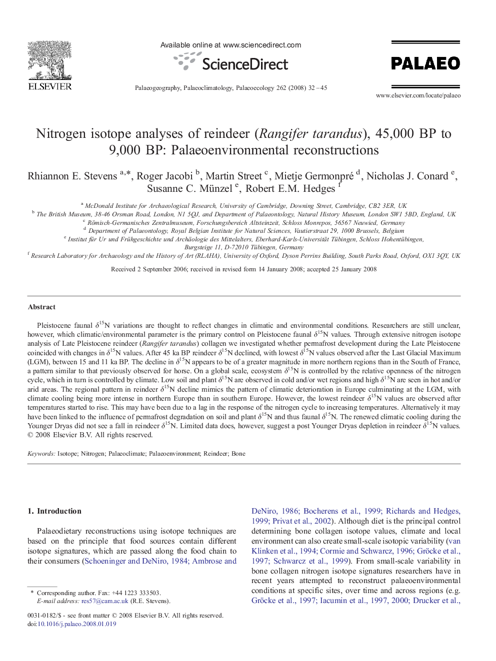 Nitrogen isotope analyses of reindeer (Rangifer tarandus), 45,000 BP to 9,000 BP: Palaeoenvironmental reconstructions