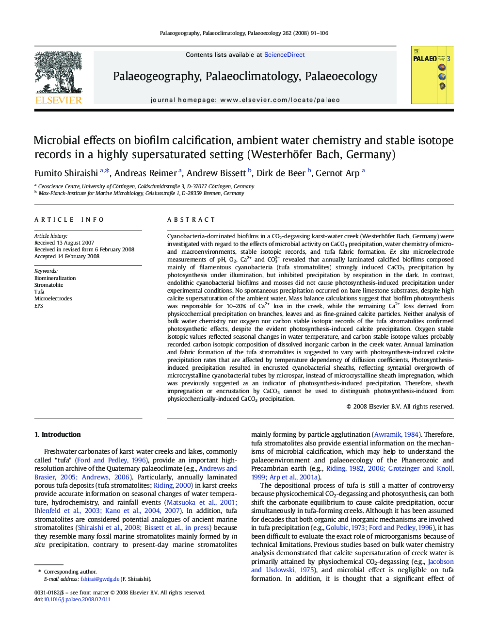 Microbial effects on biofilm calcification, ambient water chemistry and stable isotope records in a highly supersaturated setting (Westerhöfer Bach, Germany)