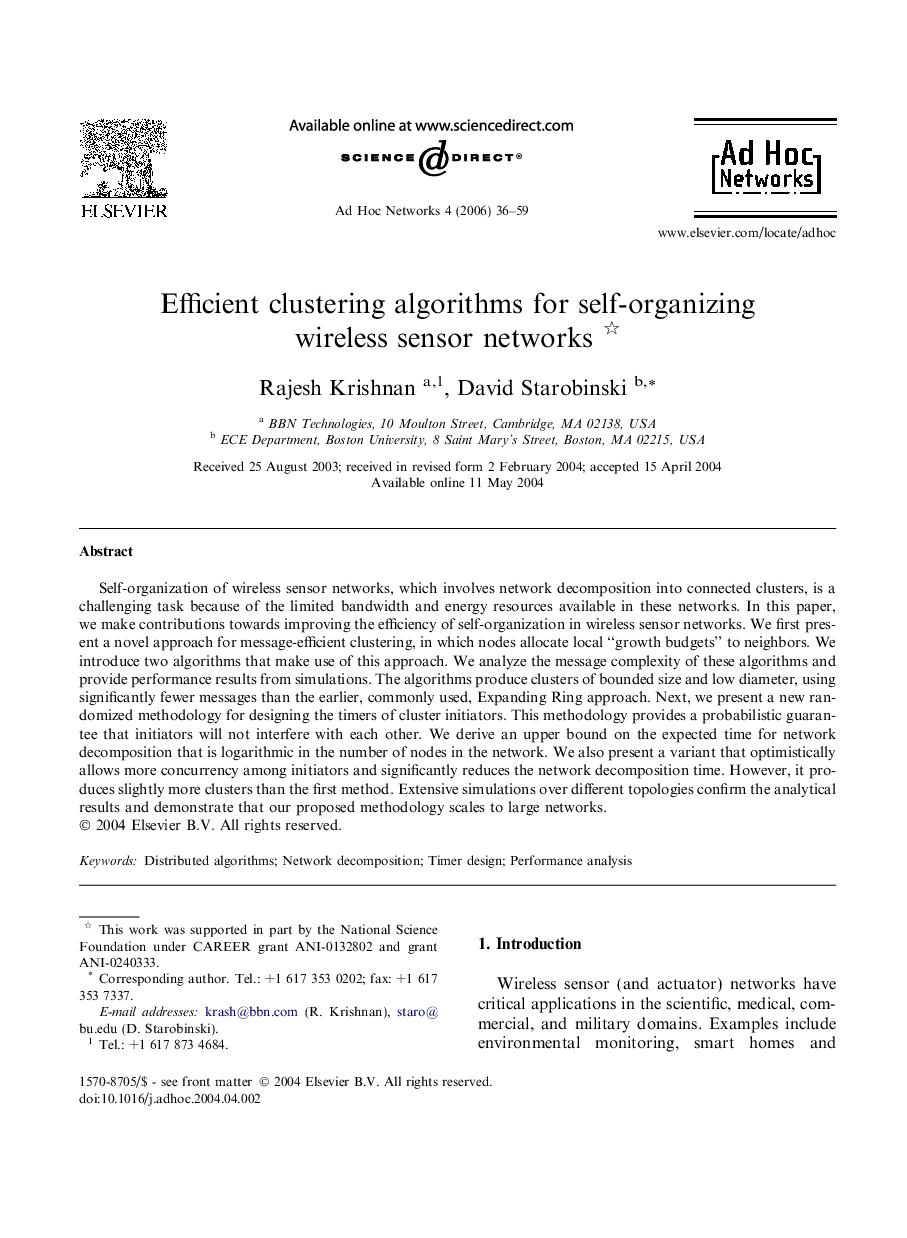 Efficient clustering algorithms for self-organizing wireless sensor networks 