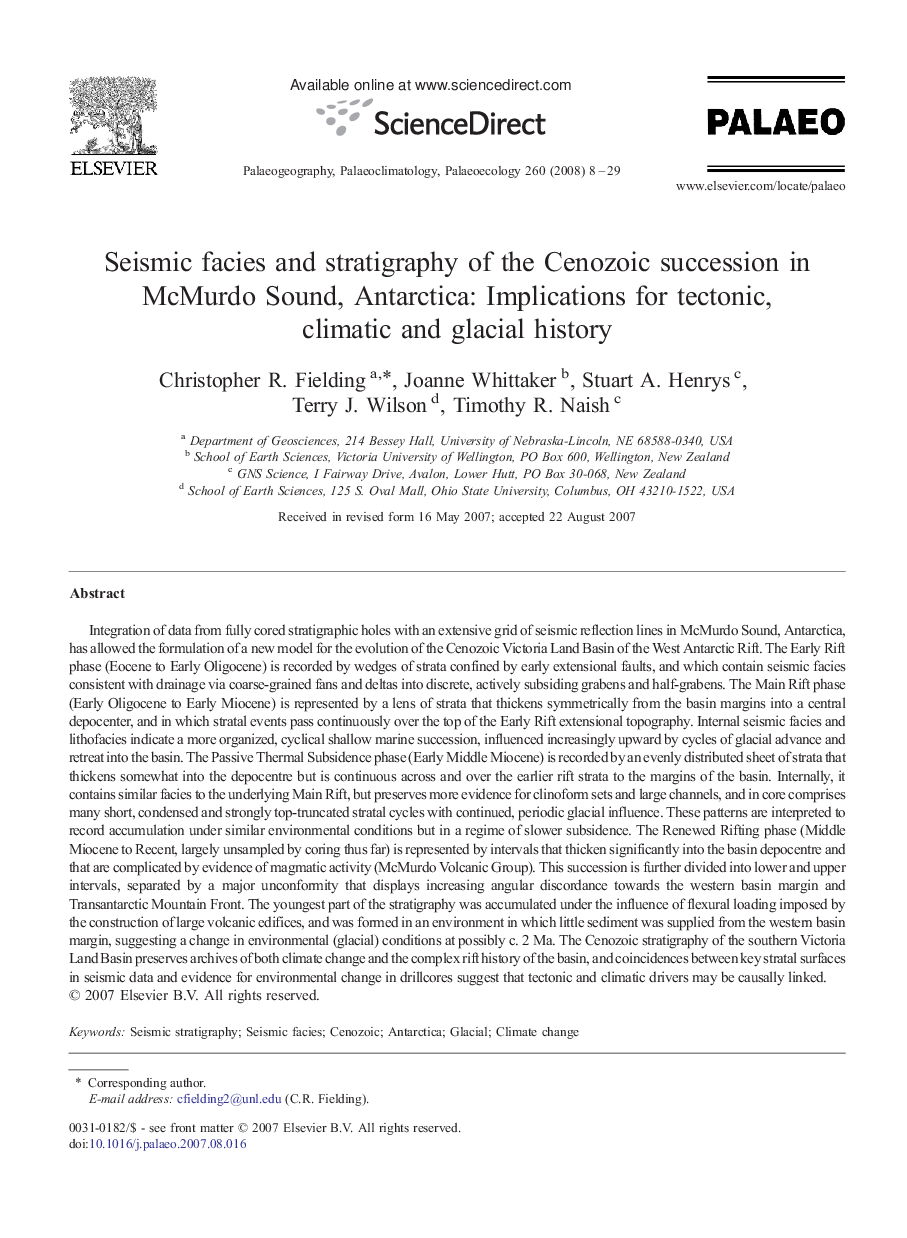 Seismic facies and stratigraphy of the Cenozoic succession in McMurdo Sound, Antarctica: Implications for tectonic, climatic and glacial history