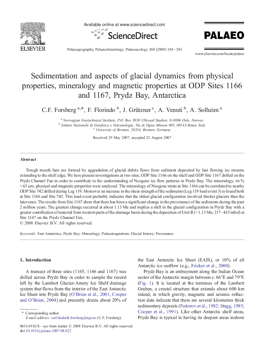 Sedimentation and aspects of glacial dynamics from physical properties, mineralogy and magnetic properties at ODP Sites 1166 and 1167, Prydz Bay, Antarctica