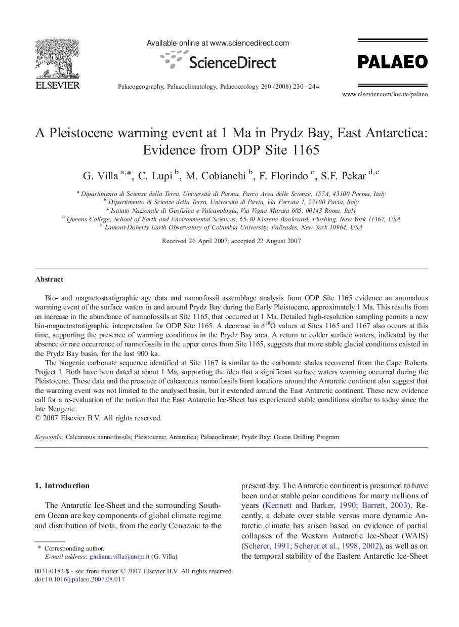 A Pleistocene warming event at 1 Ma in Prydz Bay, East Antarctica: Evidence from ODP Site 1165