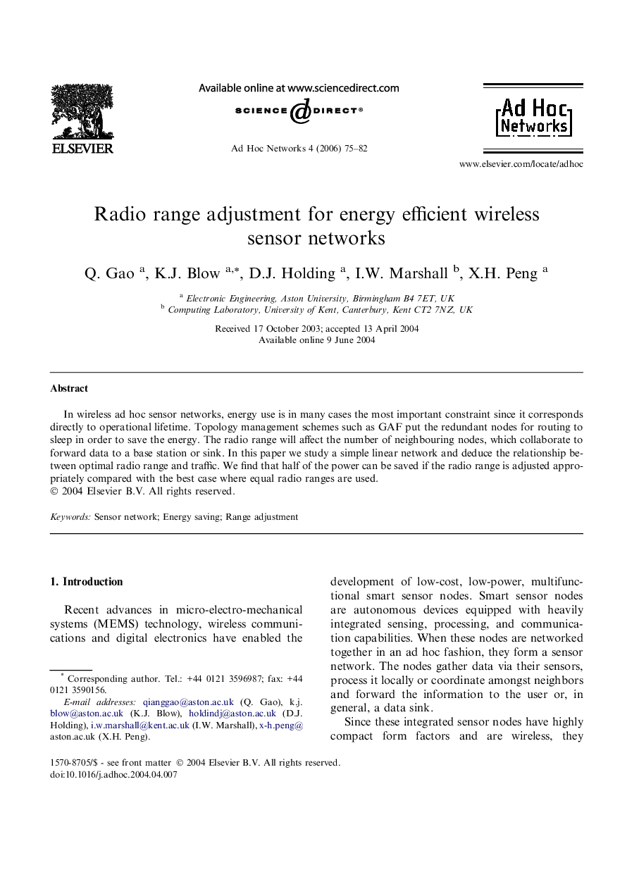 عکس صفحه اول مقاله: Radio range adjustment for energy efficient wireless sensor networks Radio range adjustment for energy efficient wireless sensor networks