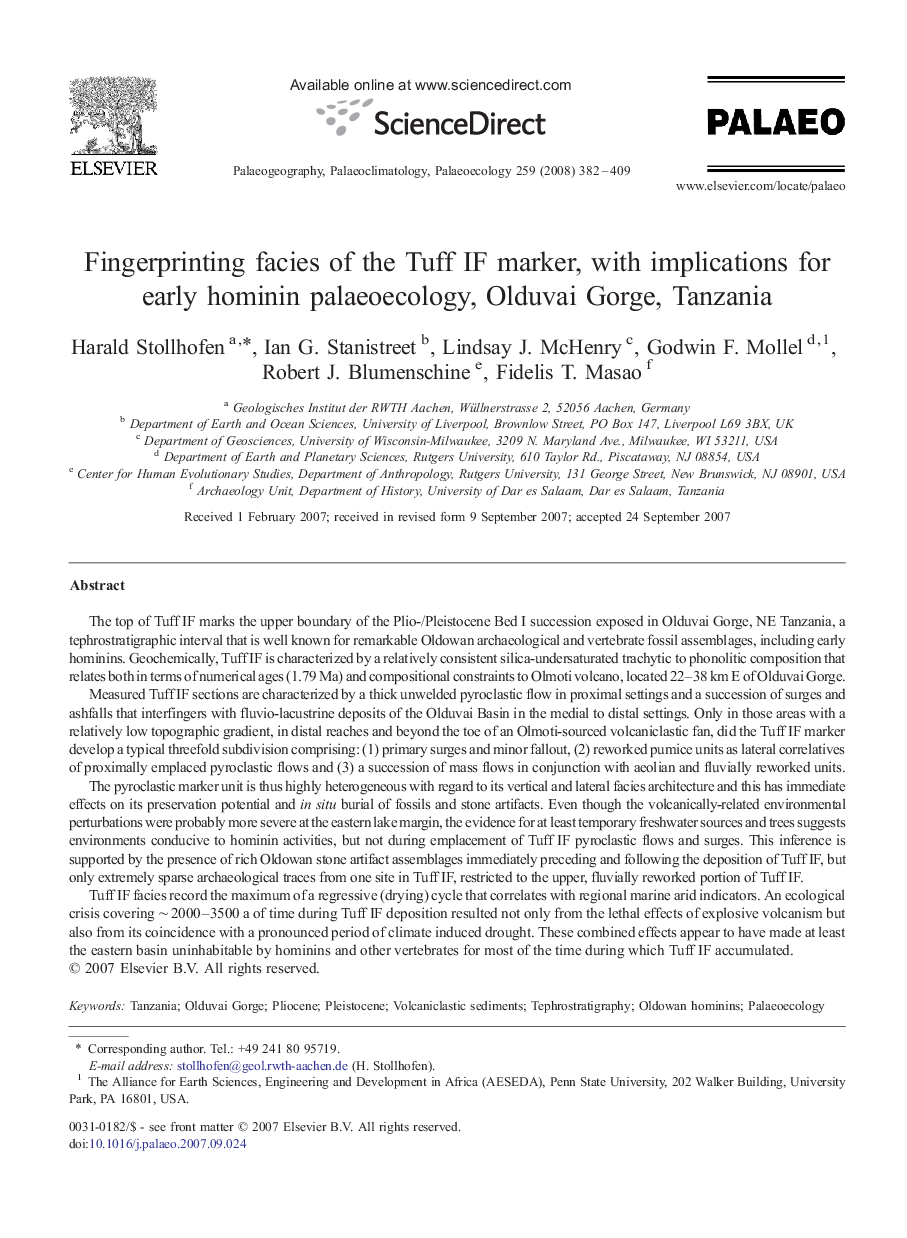 Fingerprinting facies of the Tuff IF marker, with implications for early hominin palaeoecology, Olduvai Gorge, Tanzania