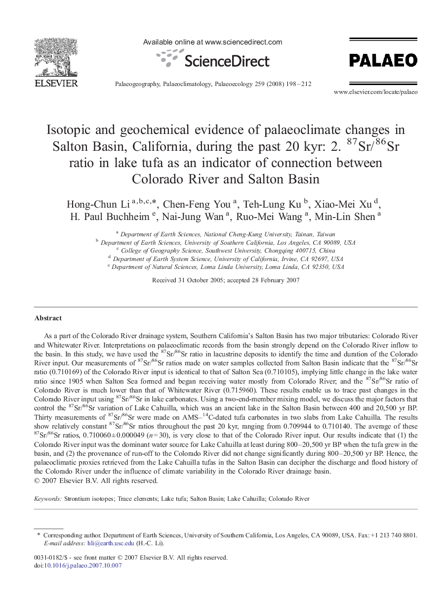 Isotopic and geochemical evidence of palaeoclimate changes in Salton Basin, California, during the past 20 kyr: 2. 87Sr/86Sr ratio in lake tufa as an indicator of connection between Colorado River and Salton Basin