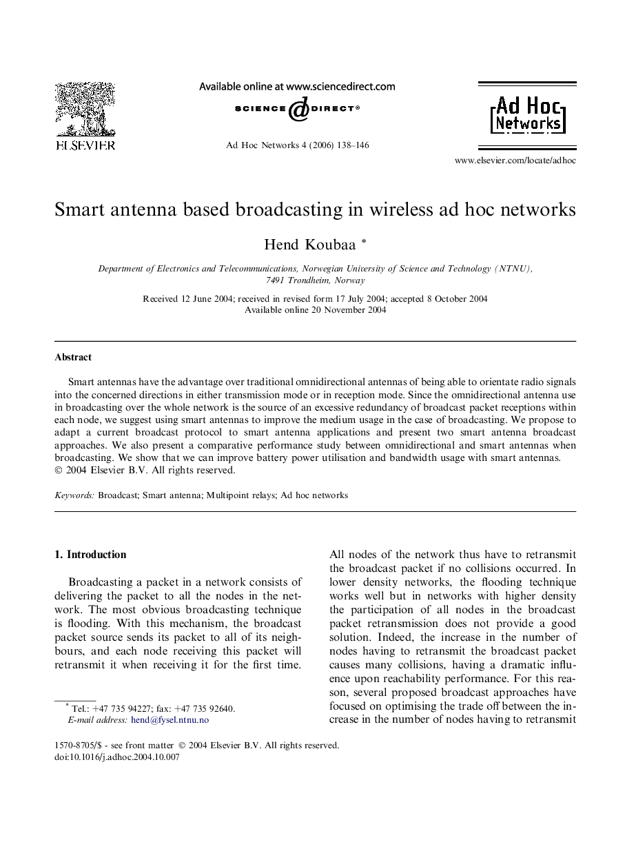 Smart antenna based broadcasting in wireless ad hoc networks