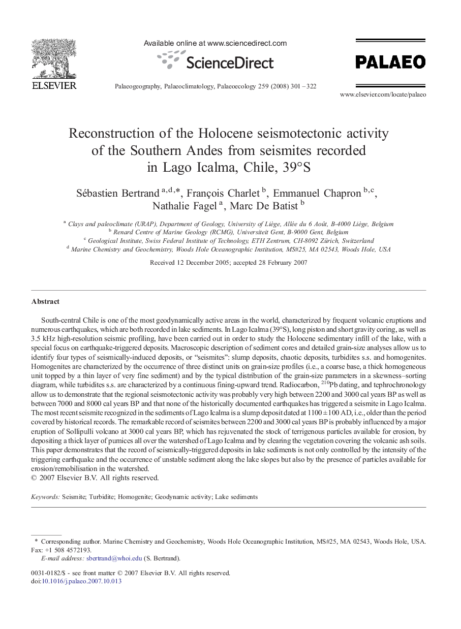 Reconstruction of the Holocene seismotectonic activity of the Southern Andes from seismites recorded in Lago Icalma, Chile, 39°S