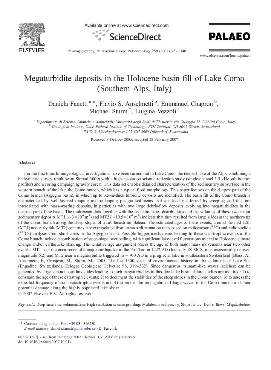 Megaturbidite deposits in the Holocene basin fill of Lake Como (Southern Alps, Italy)