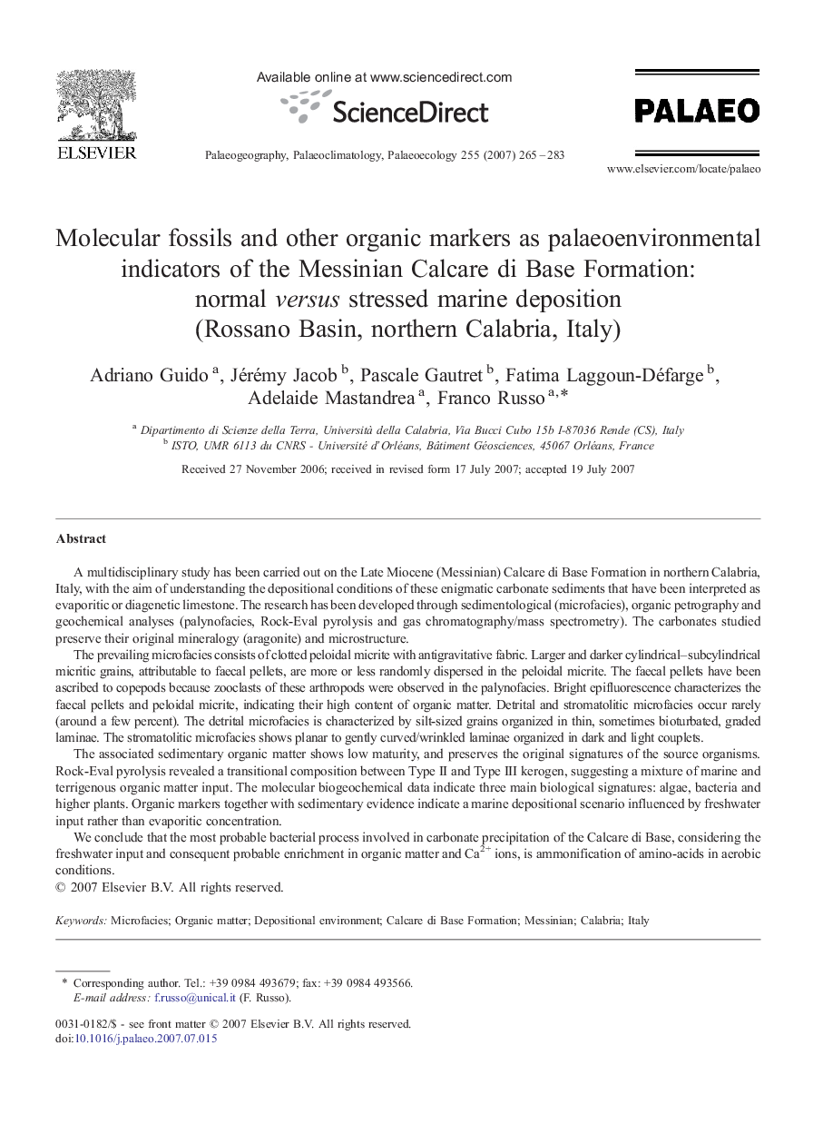 Molecular fossils and other organic markers as palaeoenvironmental indicators of the Messinian Calcare di Base Formation: normal versus stressed marine deposition (Rossano Basin, northern Calabria, Italy)