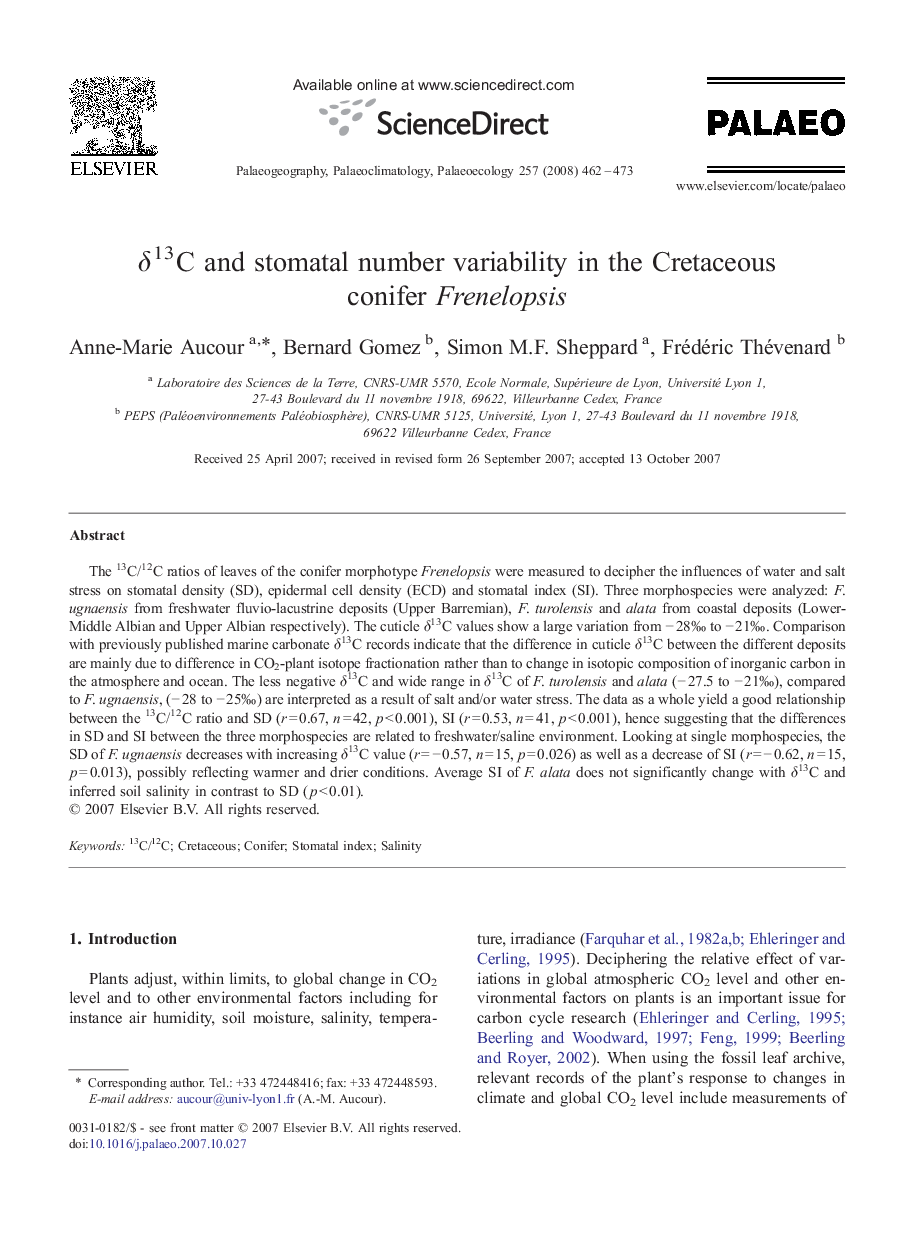 δ13C and stomatal number variability in the Cretaceous conifer Frenelopsis