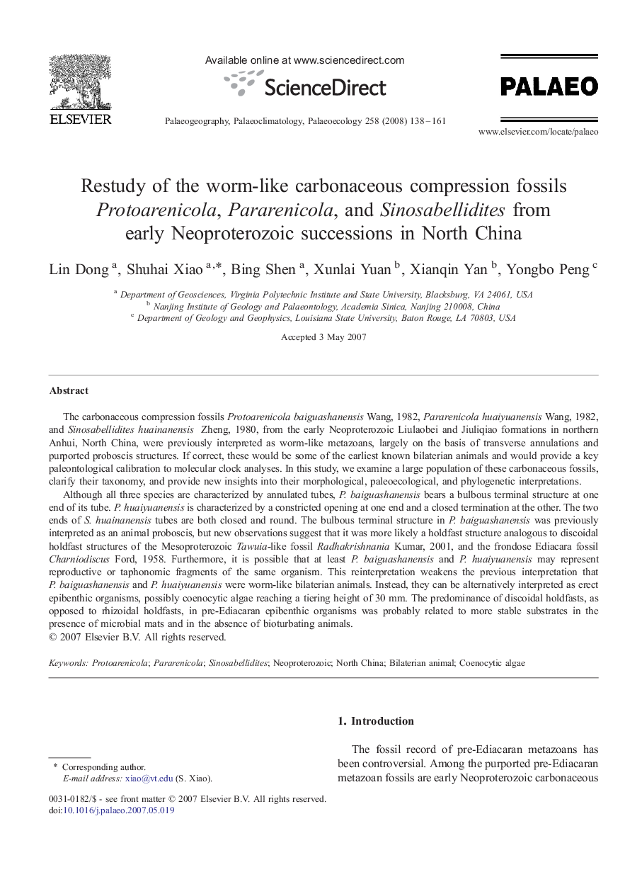 Restudy of the worm-like carbonaceous compression fossils Protoarenicola, Pararenicola, and Sinosabellidites from early Neoproterozoic successions in North China