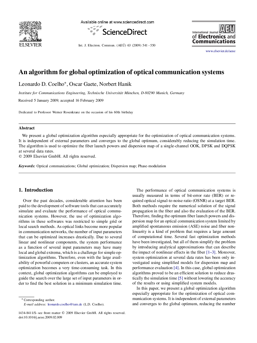 An algorithm for global optimization of optical communication systems