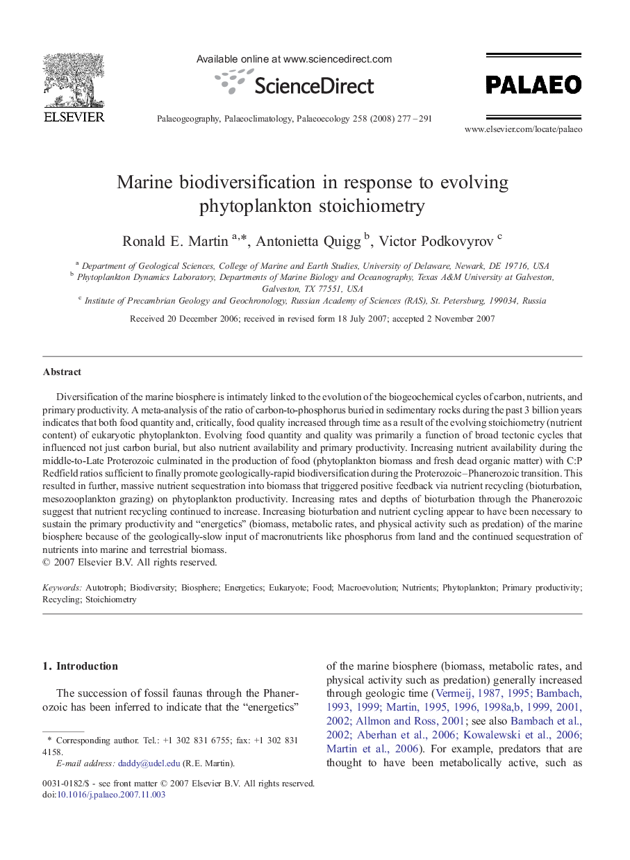 Marine biodiversification in response to evolving phytoplankton stoichiometry