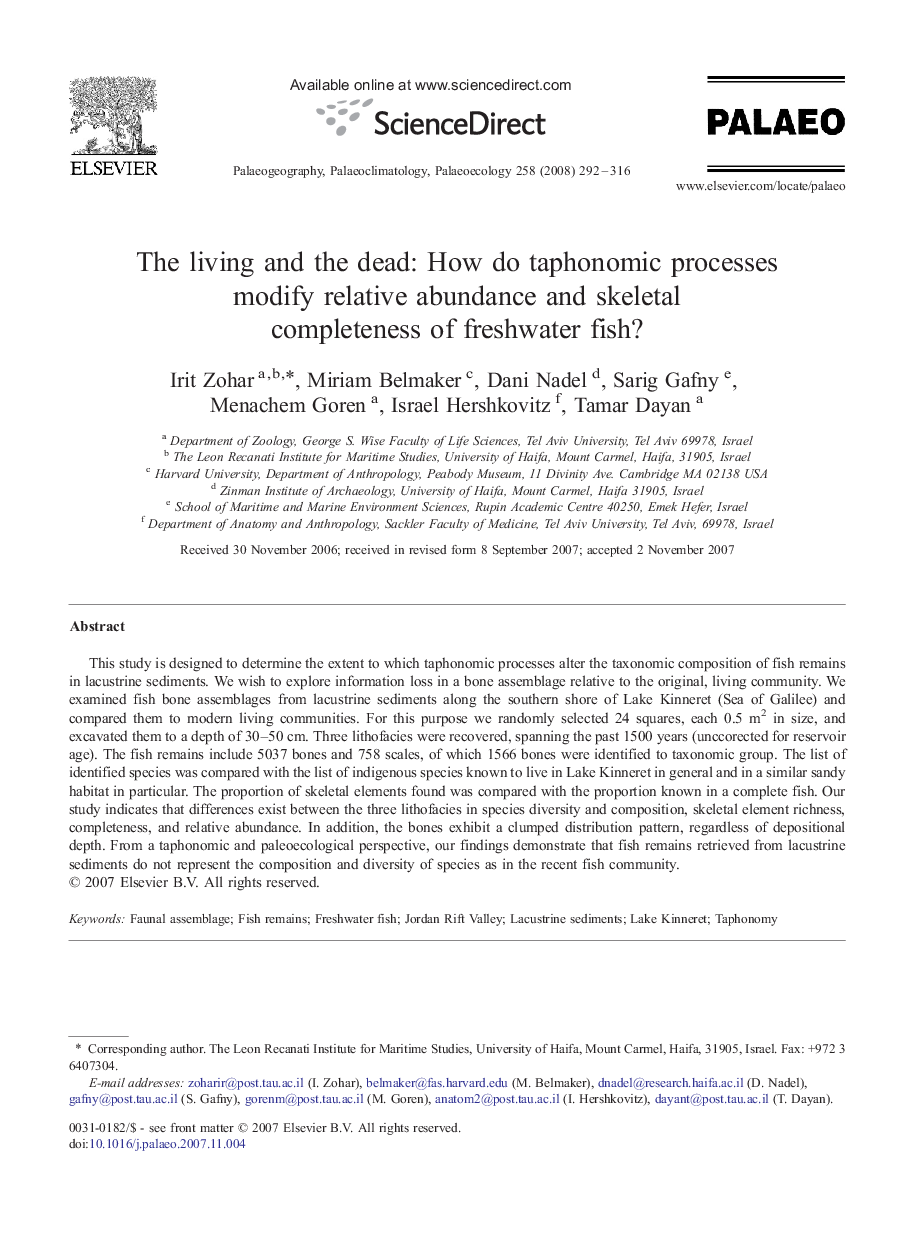 The living and the dead: How do taphonomic processes modify relative abundance and skeletal completeness of freshwater fish?