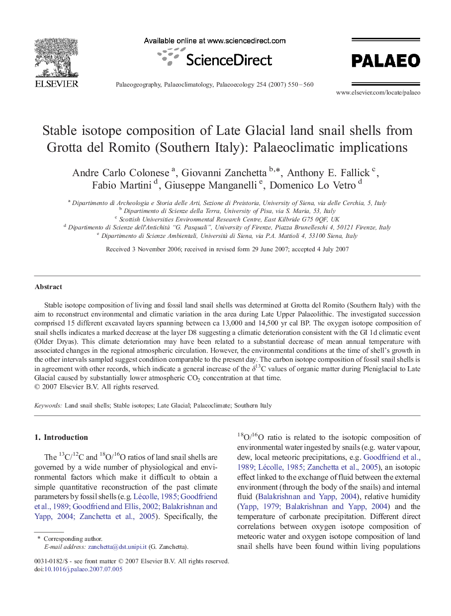 Stable isotope composition of Late Glacial land snail shells from Grotta del Romito (Southern Italy): Palaeoclimatic implications