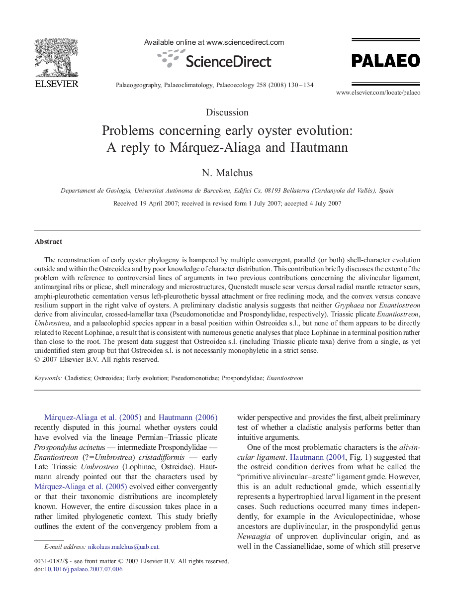 Problems concerning early oyster evolution: A reply to Márquez-Aliaga and Hautmann