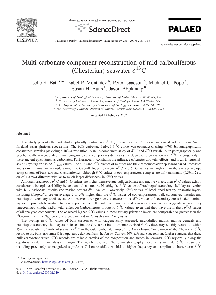 Multi-carbonate component reconstruction of mid-carboniferous (Chesterian) seawater δ13C