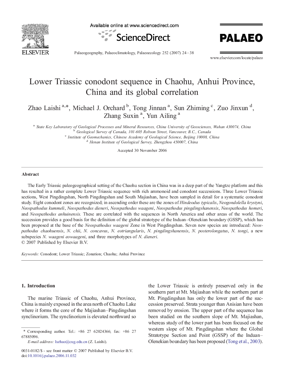 Lower Triassic conodont sequence in Chaohu, Anhui Province, China and its global correlation