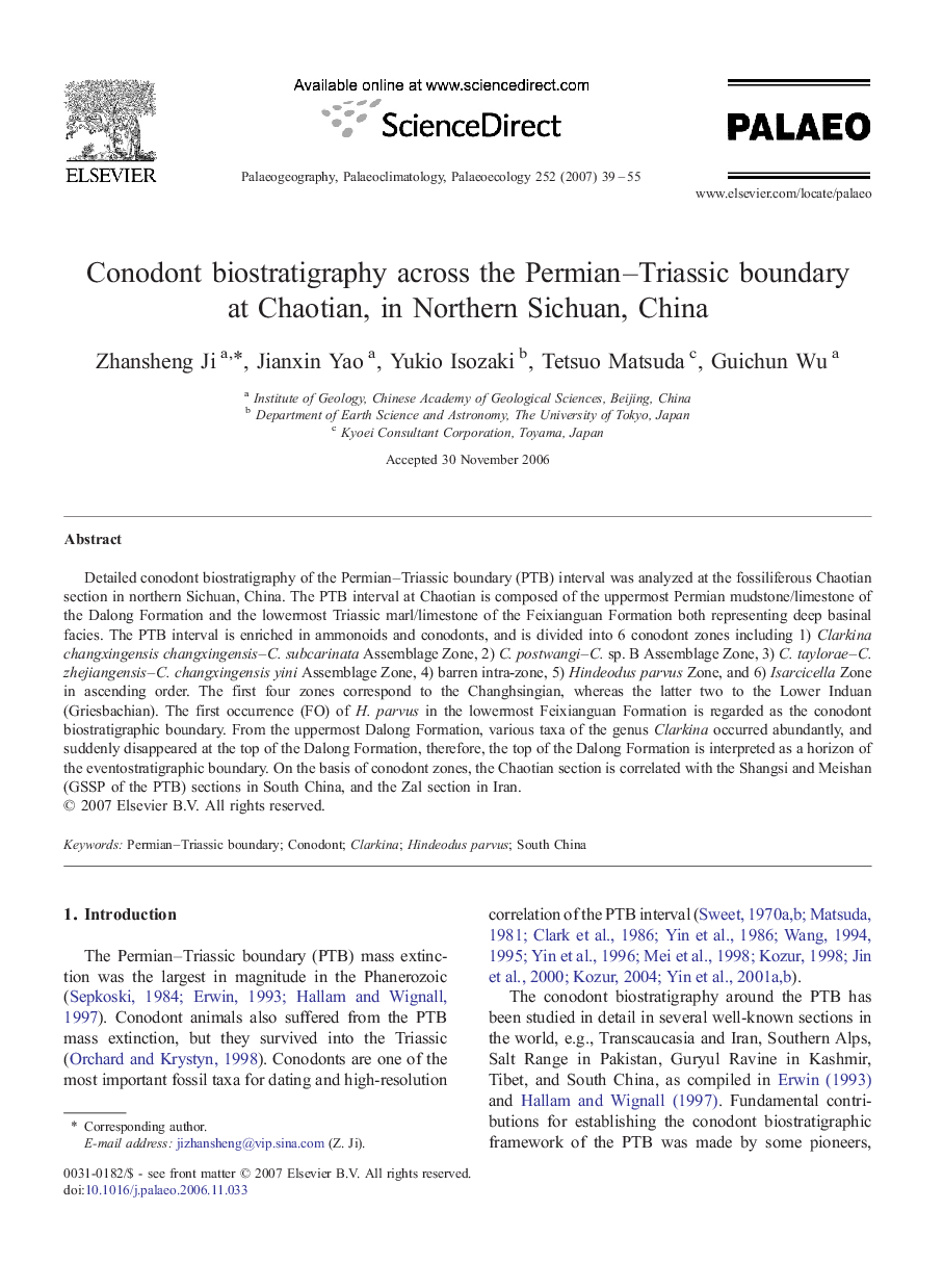 Conodont biostratigraphy across the Permian–Triassic boundary at Chaotian, in Northern Sichuan, China