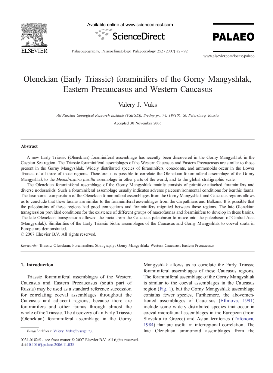 Olenekian (Early Triassic) foraminifers of the Gorny Mangyshlak, Eastern Precaucasus and Western Caucasus