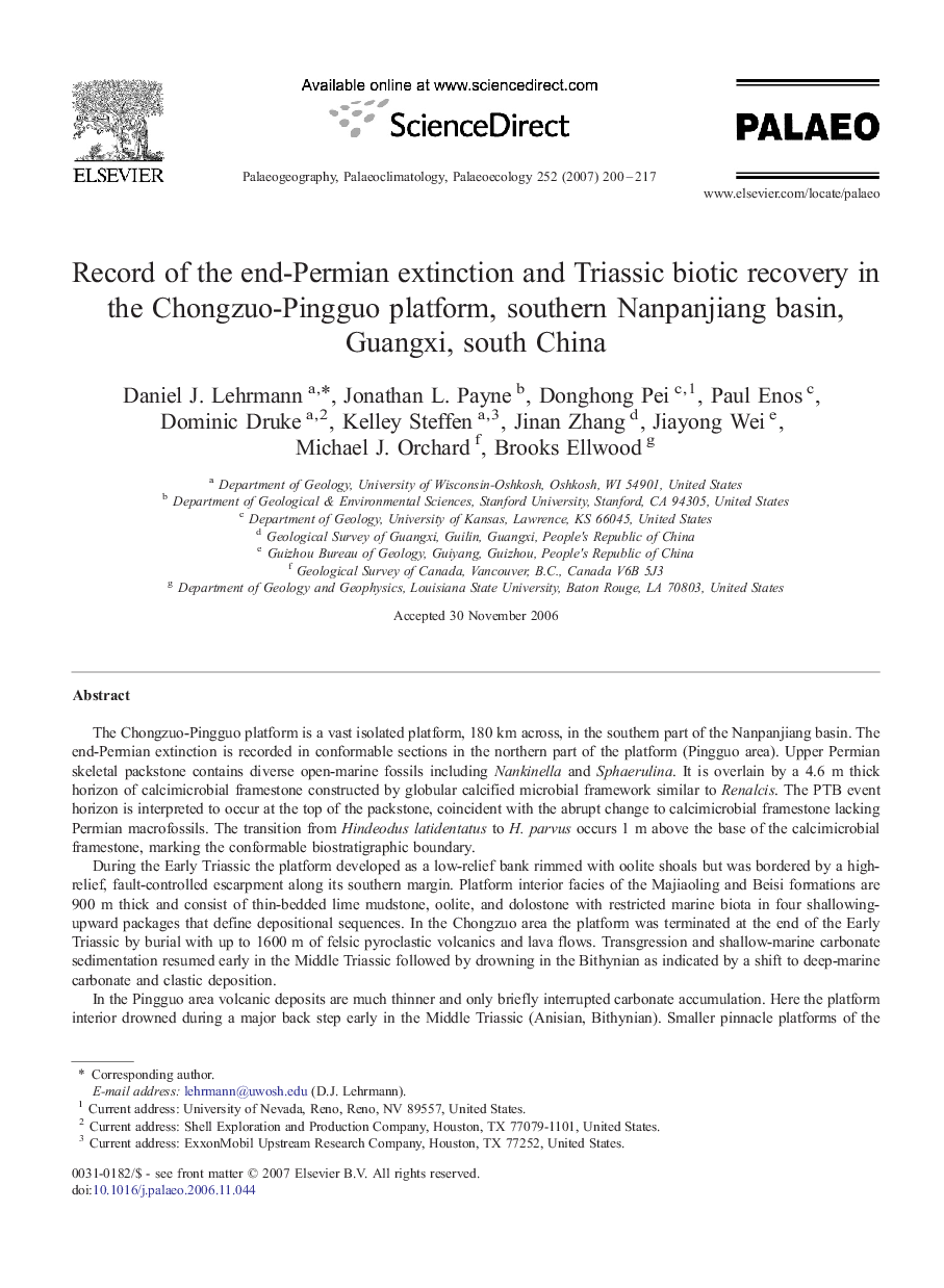 Record of the end-Permian extinction and Triassic biotic recovery in the Chongzuo-Pingguo platform, southern Nanpanjiang basin, Guangxi, south China