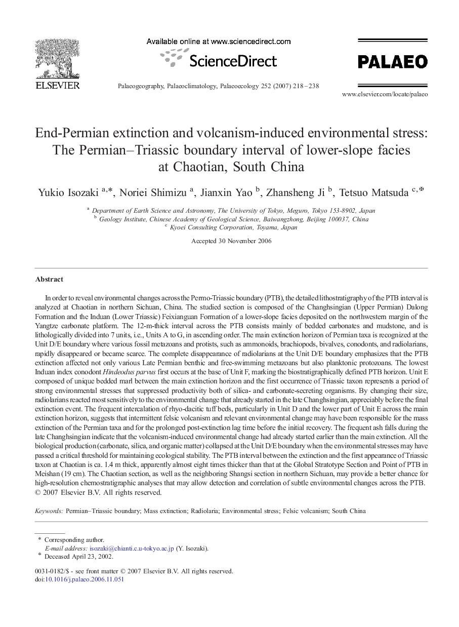 End-Permian extinction and volcanism-induced environmental stress: The Permian–Triassic boundary interval of lower-slope facies at Chaotian, South China