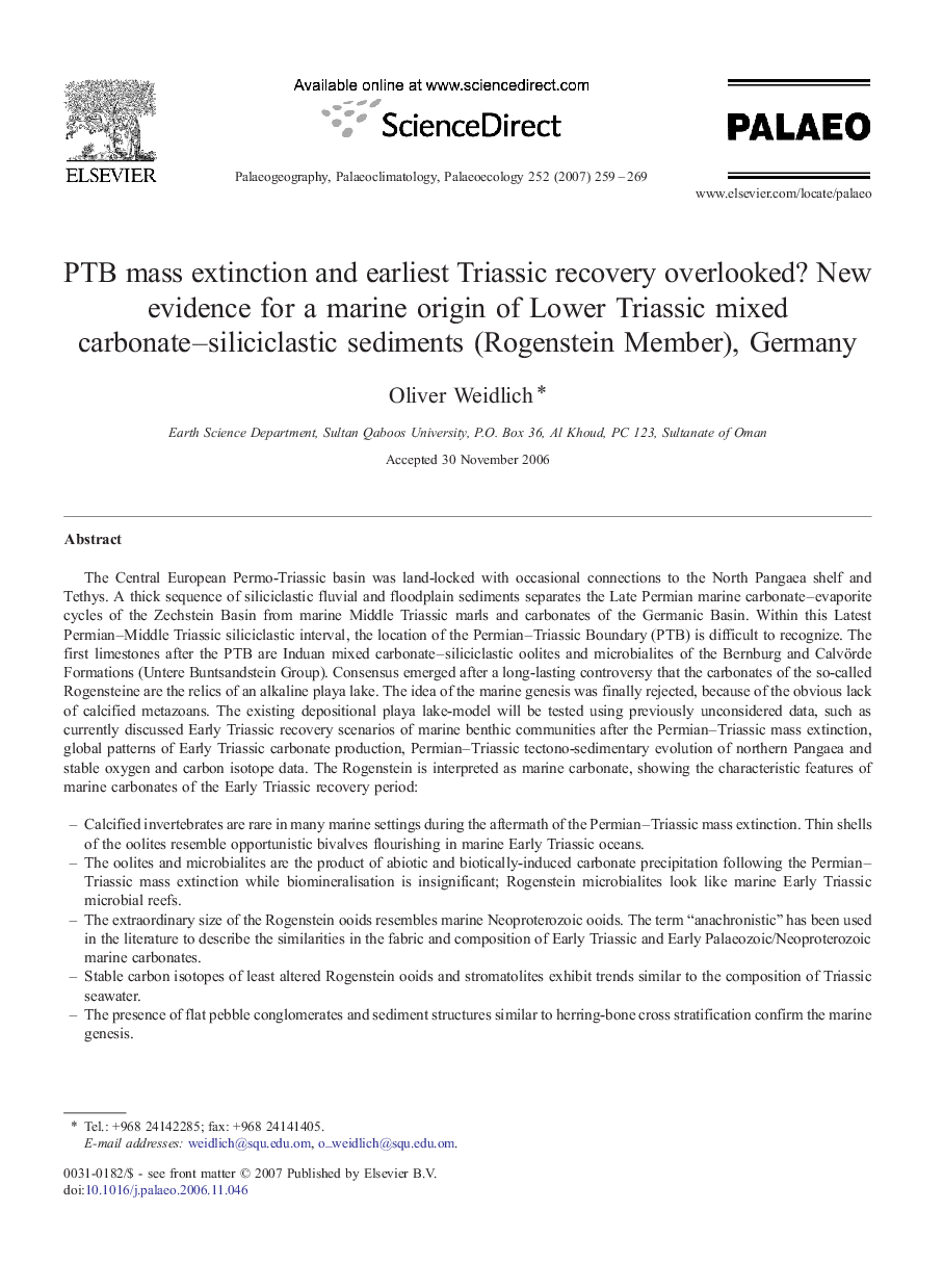 PTB mass extinction and earliest Triassic recovery overlooked? New evidence for a marine origin of Lower Triassic mixed carbonate–siliciclastic sediments (Rogenstein Member), Germany