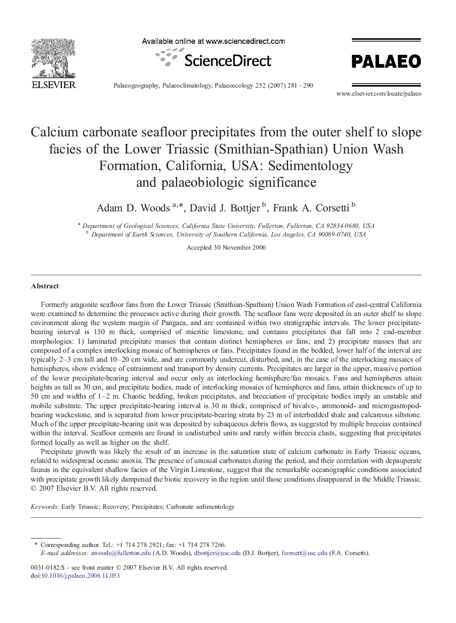 Calcium carbonate seafloor precipitates from the outer shelf to slope facies of the Lower Triassic (Smithian-Spathian) Union Wash Formation, California, USA: Sedimentology and palaeobiologic significance