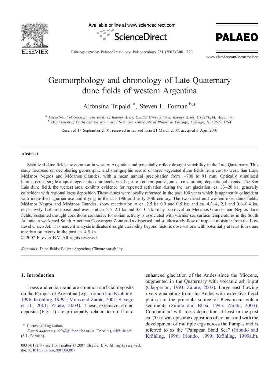 Geomorphology and chronology of Late Quaternary dune fields of western Argentina