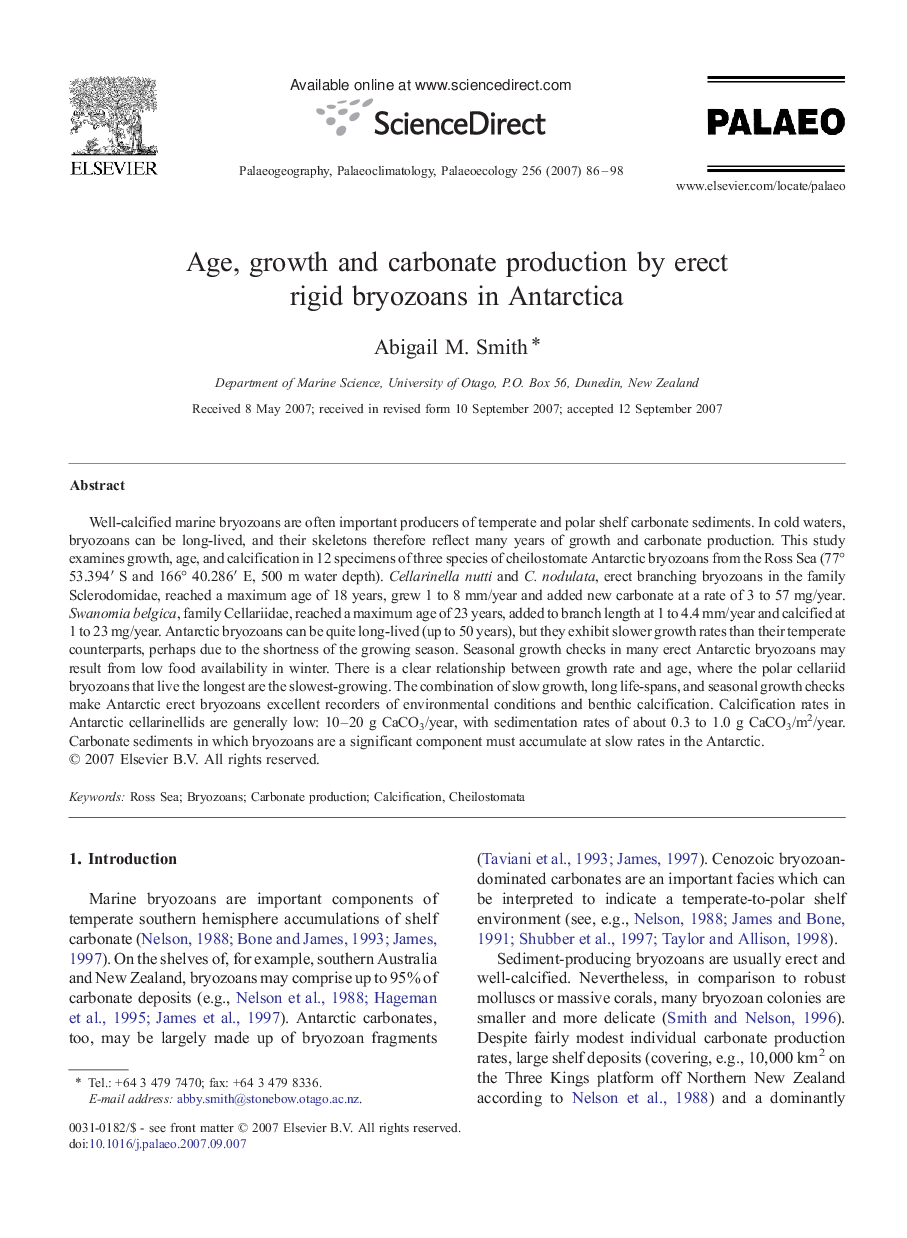 Age, growth and carbonate production by erect rigid bryozoans in Antarctica