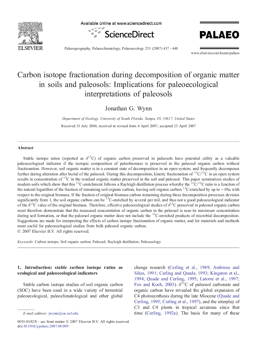 Carbon isotope fractionation during decomposition of organic matter in soils and paleosols: Implications for paleoecological interpretations of paleosols