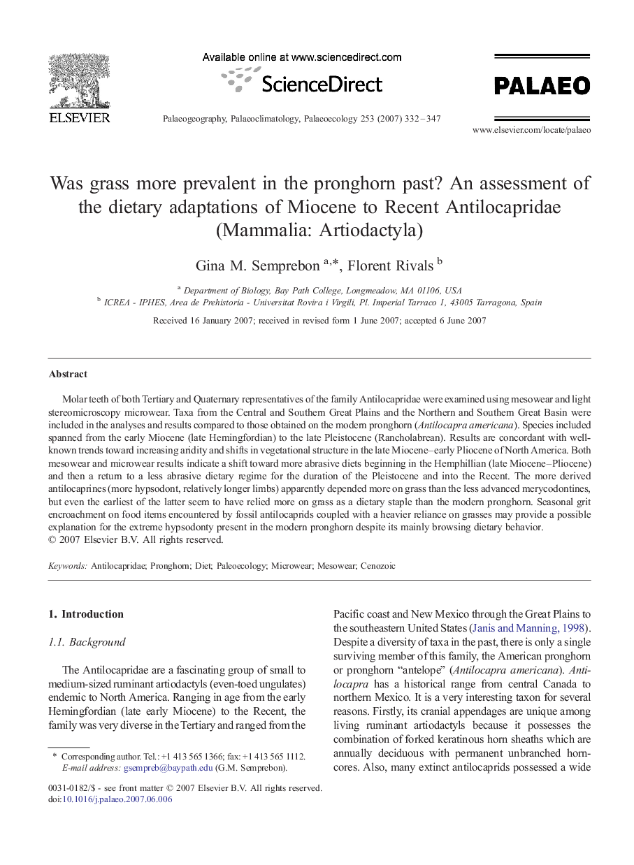 Was grass more prevalent in the pronghorn past? An assessment of the dietary adaptations of Miocene to Recent Antilocapridae (Mammalia: Artiodactyla)