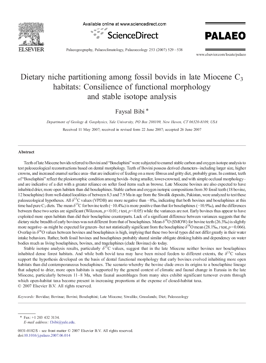 Dietary niche partitioning among fossil bovids in late Miocene C3 habitats: Consilience of functional morphology and stable isotope analysis