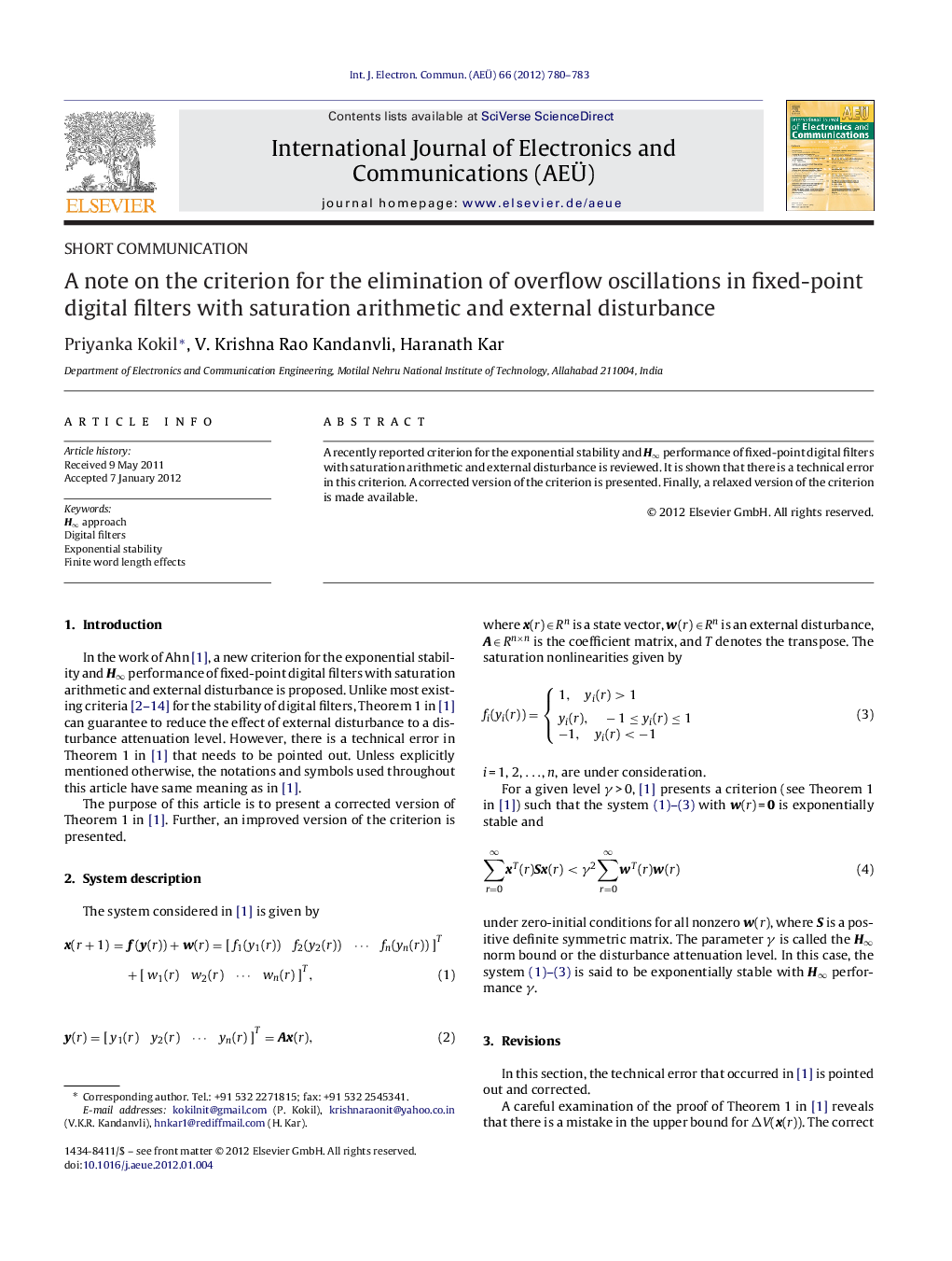 A note on the criterion for the elimination of overflow oscillations in fixed-point digital filters with saturation arithmetic and external disturbance