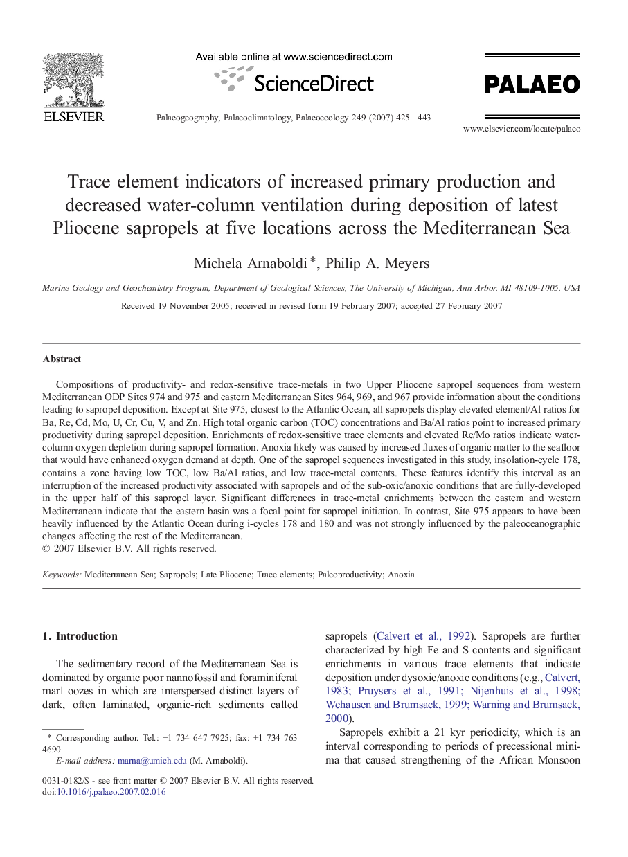 Trace element indicators of increased primary production and decreased water-column ventilation during deposition of latest Pliocene sapropels at five locations across the Mediterranean Sea