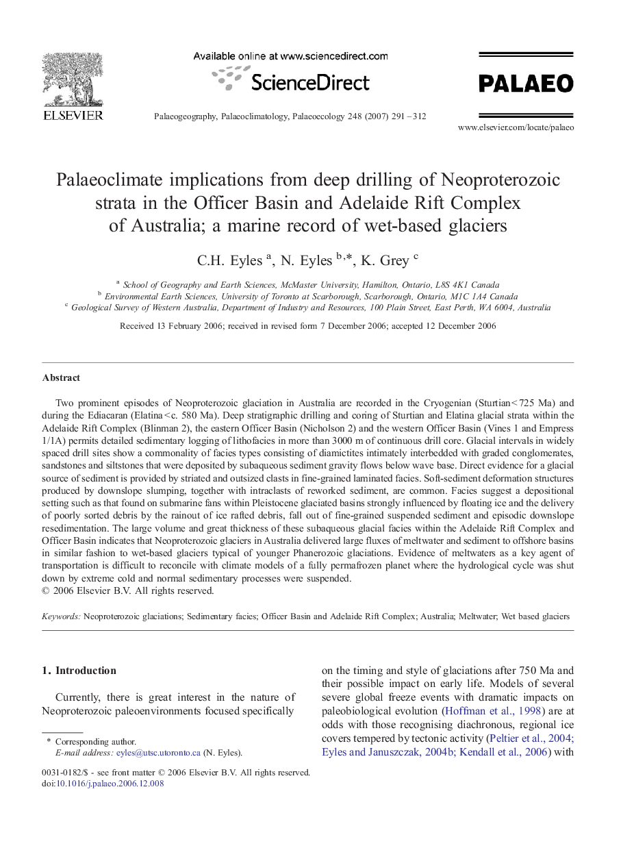 Palaeoclimate implications from deep drilling of Neoproterozoic strata in the Officer Basin and Adelaide Rift Complex of Australia; a marine record of wet-based glaciers