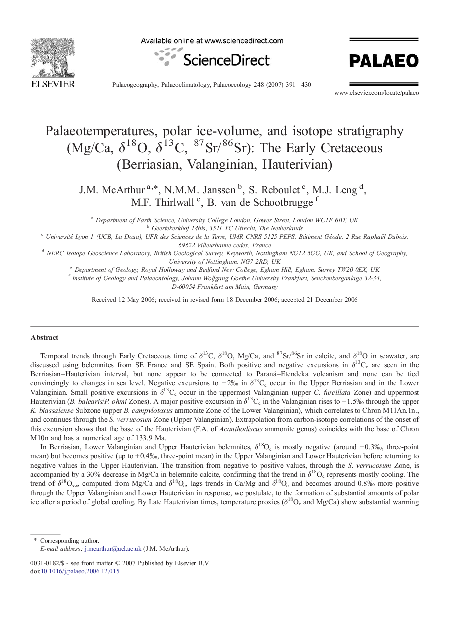 Palaeotemperatures, polar ice-volume, and isotope stratigraphy (Mg/Ca, δ18O, δ13C, 87Sr/86Sr): The Early Cretaceous (Berriasian, Valanginian, Hauterivian)