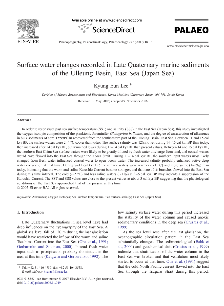 Surface water changes recorded in Late Quaternary marine sediments of the Ulleung Basin, East Sea (Japan Sea)