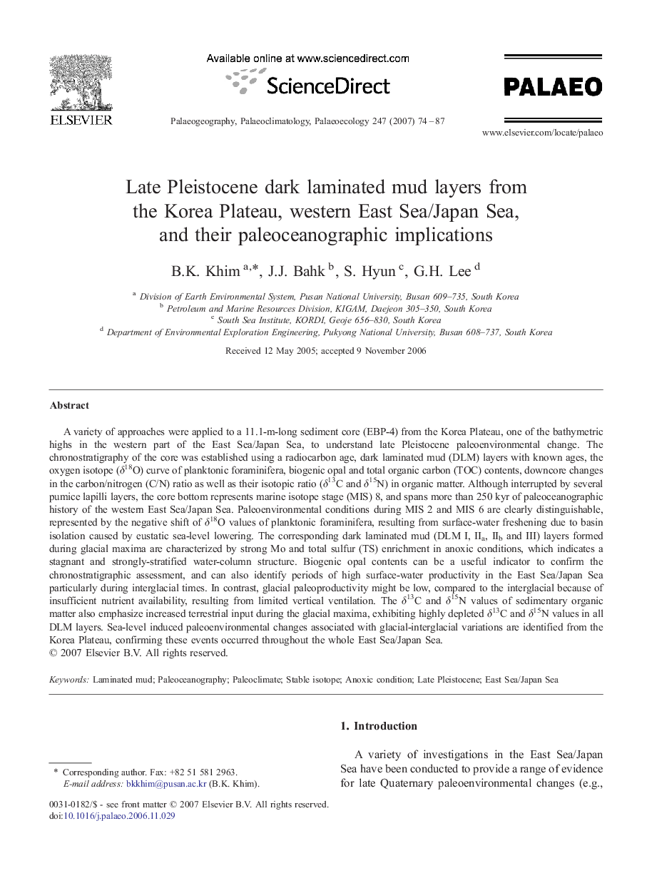 Late Pleistocene dark laminated mud layers from the Korea Plateau, western East Sea/Japan Sea, and their paleoceanographic implications