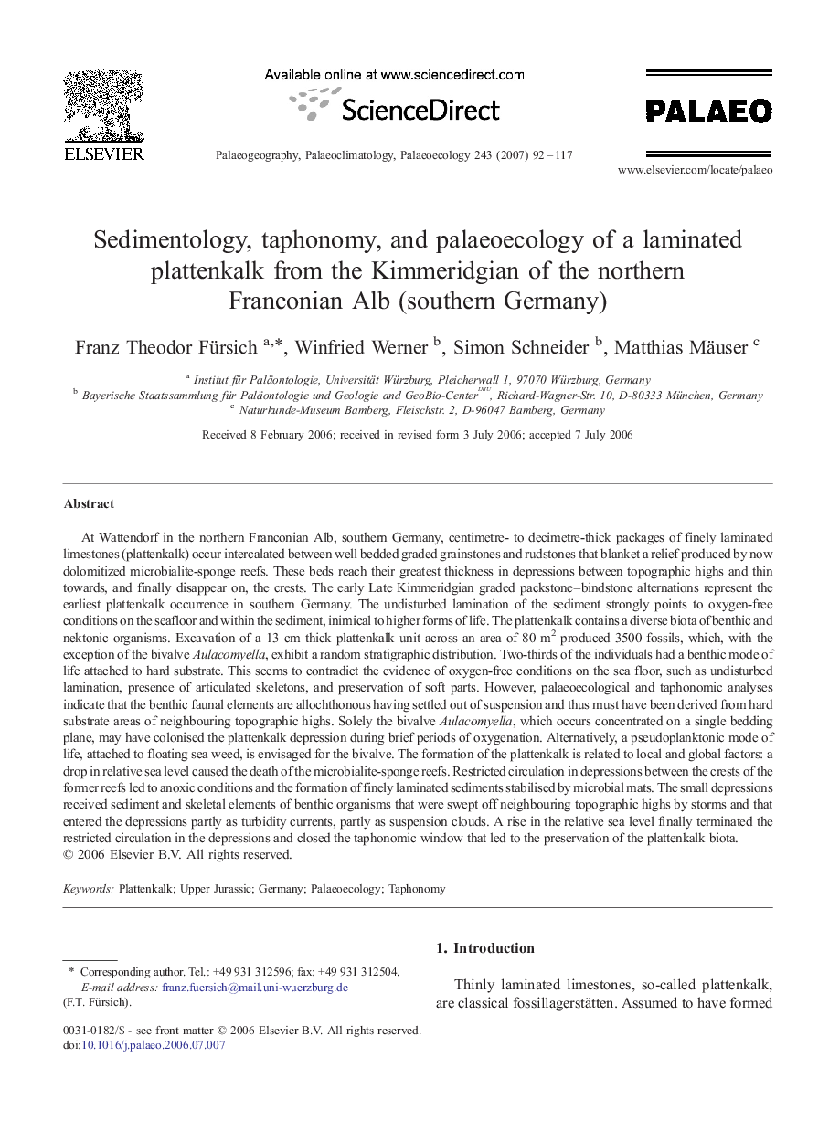 Sedimentology, taphonomy, and palaeoecology of a laminated plattenkalk from the Kimmeridgian of the northern Franconian Alb (southern Germany)