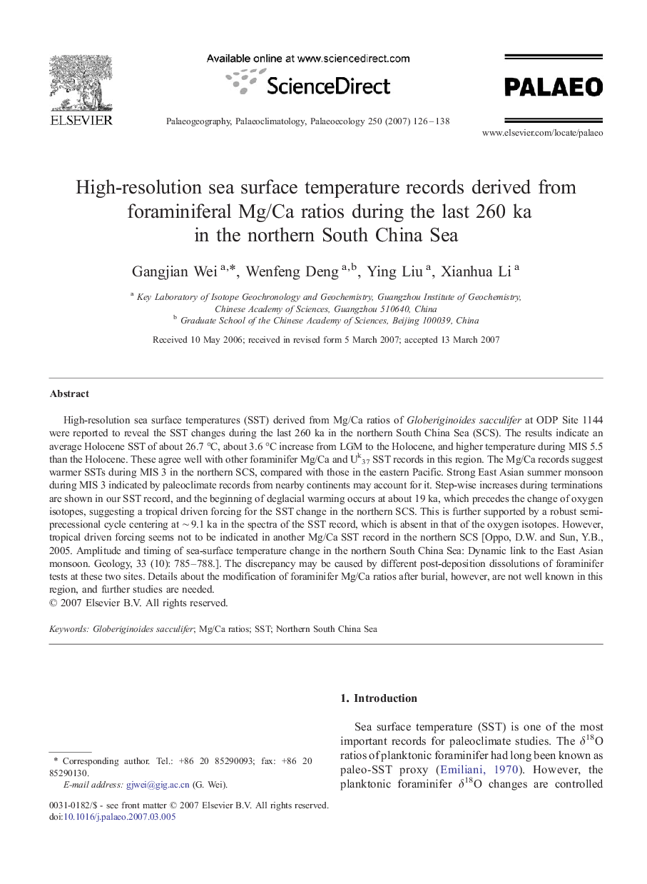 High-resolution sea surface temperature records derived from foraminiferal Mg/Ca ratios during the last 260 ka in the northern South China Sea