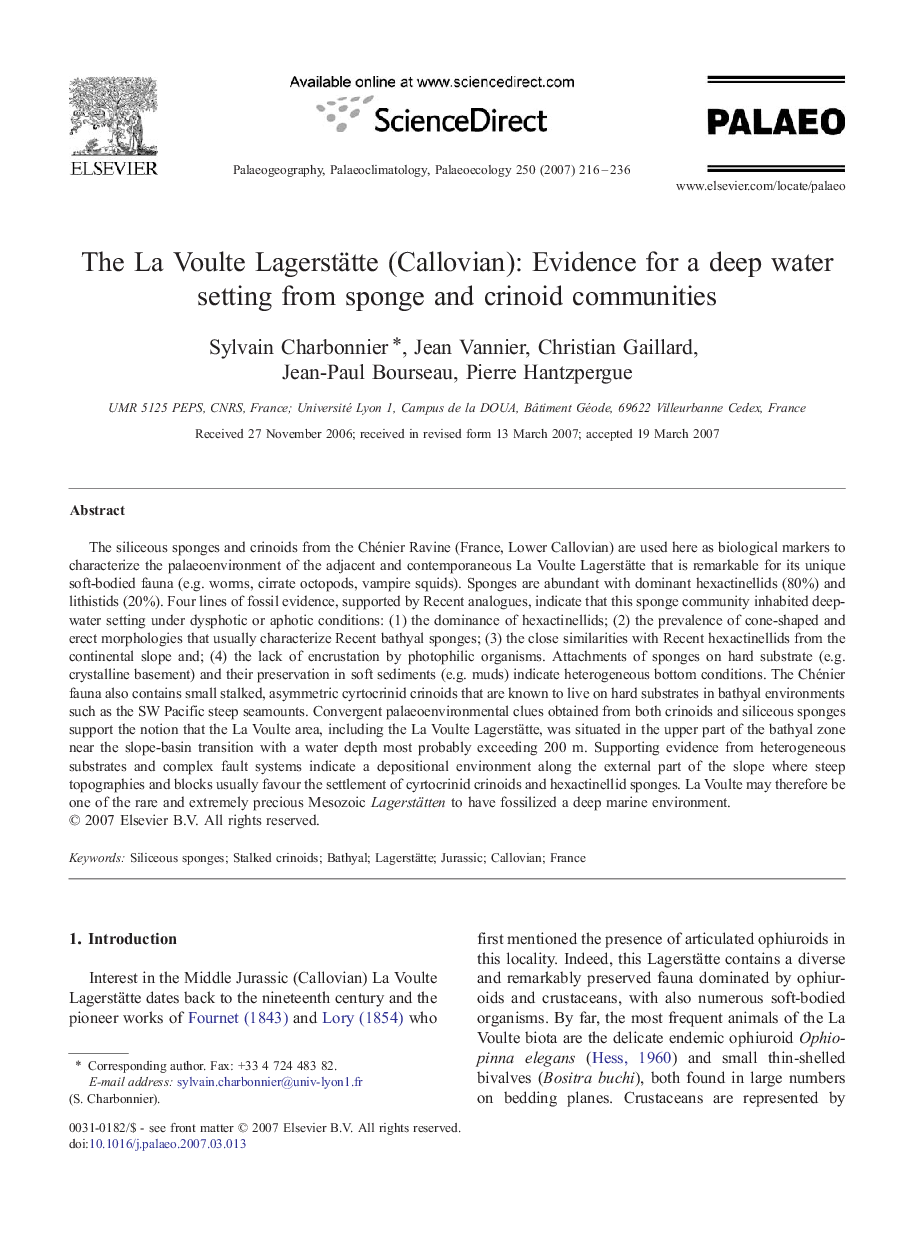 The La Voulte Lagerstätte (Callovian): Evidence for a deep water setting from sponge and crinoid communities