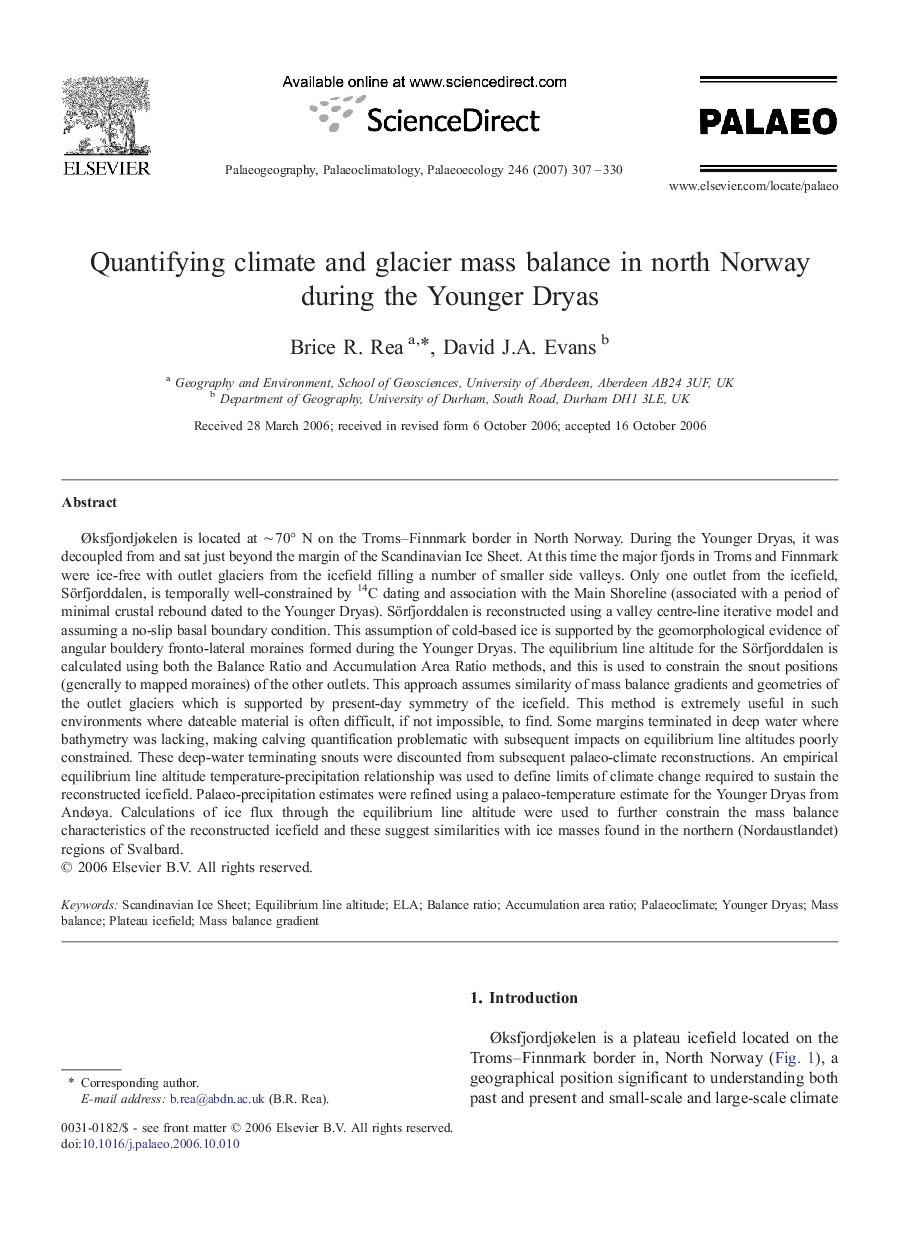 عکس صفحه اول مقاله: Quantifying climate and glacier mass balance in north Norway during the Younger Dryas Quantifying climate and glacier mass balance in north Norway during the Younger Dryas