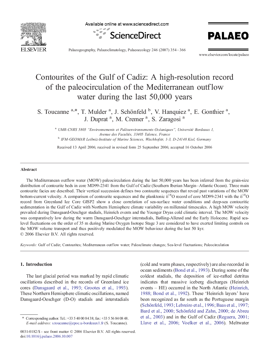 Contourites of the Gulf of Cadiz: A high-resolution record of the paleocirculation of the Mediterranean outflow water during the last 50,000 years