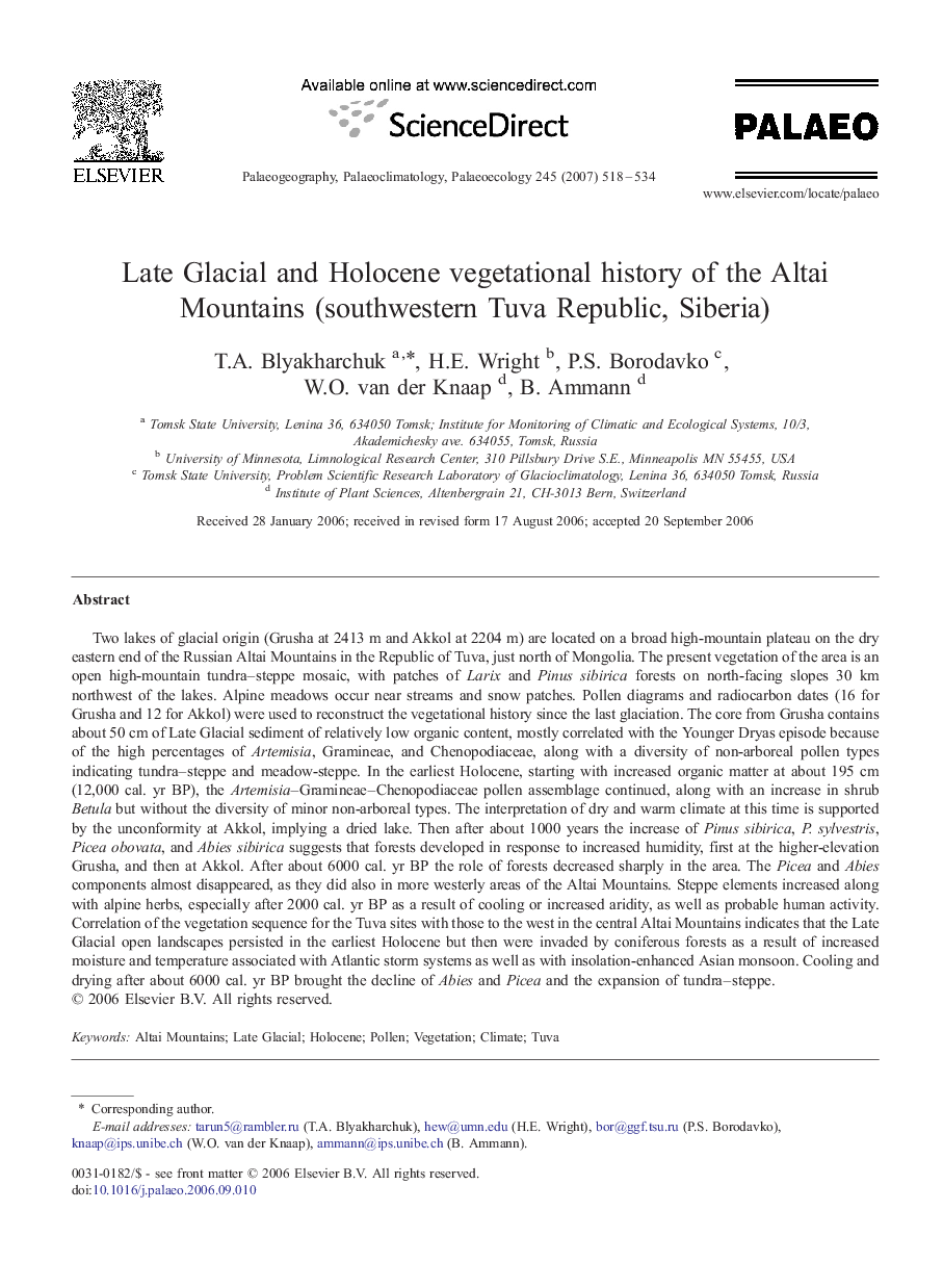 Late Glacial and Holocene vegetational history of the Altai Mountains (southwestern Tuva Republic, Siberia)