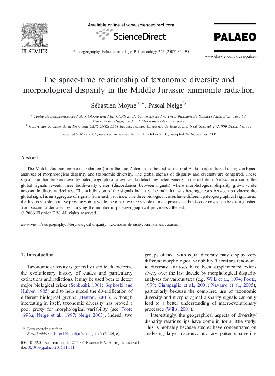 The space-time relationship of taxonomic diversity and morphological disparity in the Middle Jurassic ammonite radiation