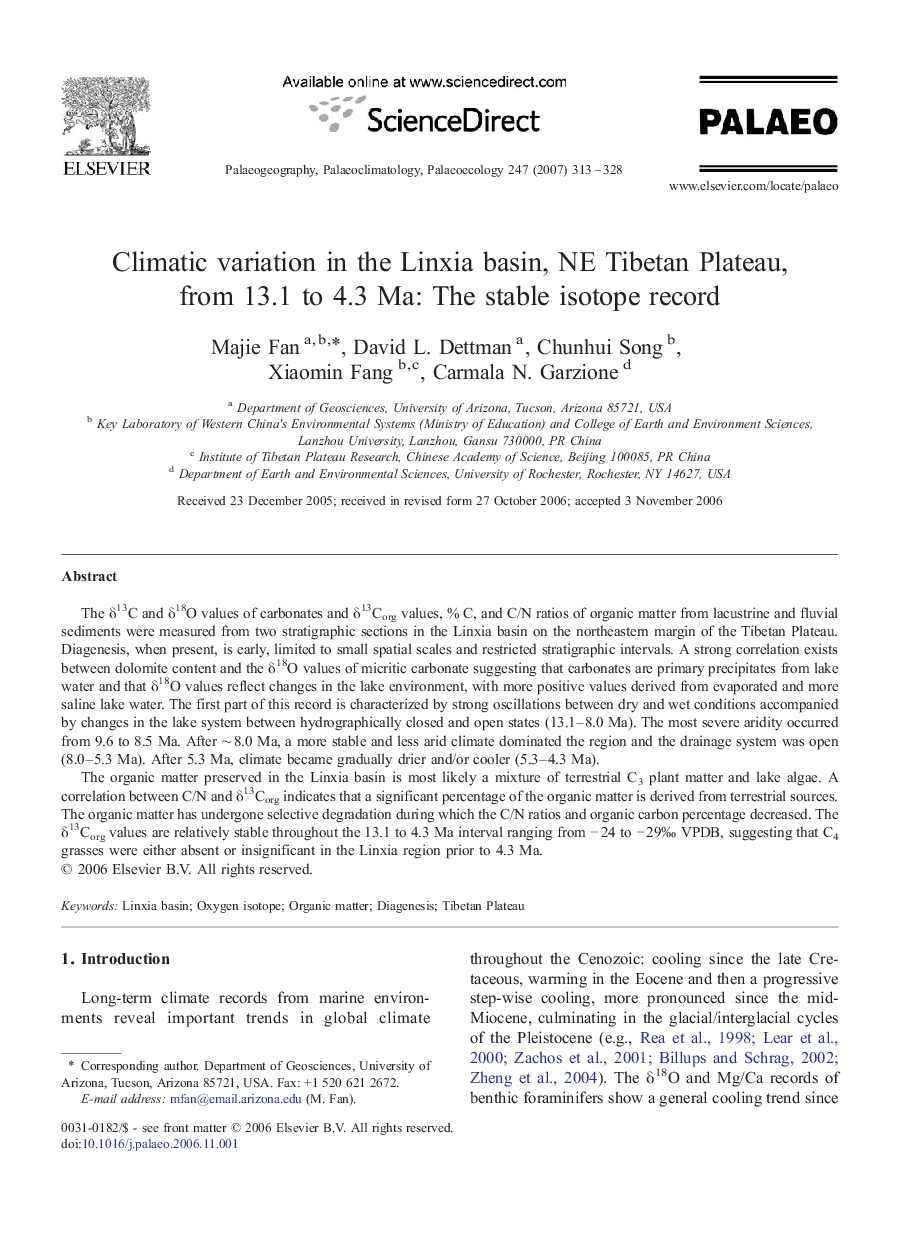 عکس صفحه اول مقاله: Climatic variation in the Linxia basin, NE Tibetan Plateau, from 13.1 to 4.3 Ma: The stable isotope record Climatic variation in the Linxia basin, NE Tibetan Plateau, from 13.1 to 4.3 Ma: The stable isotope record