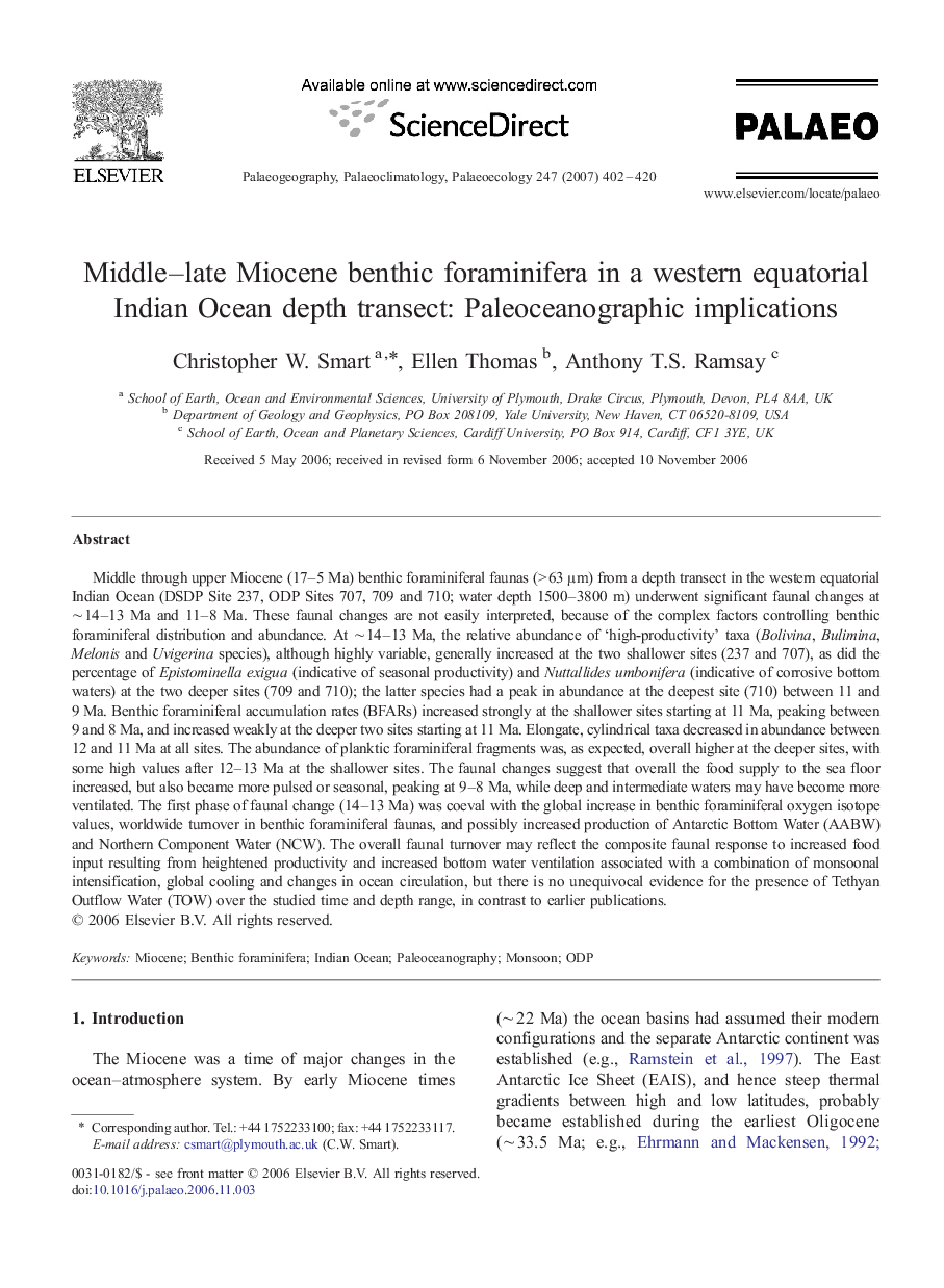 Middle–late Miocene benthic foraminifera in a western equatorial Indian Ocean depth transect: Paleoceanographic implications